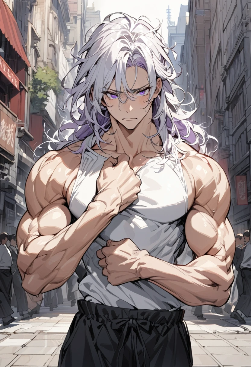 Highly detailed, High quality, Masterpiece, (long, long shot), 1 man, (white hair, purples eyes, medium long hair, messy hair, tired face, with dark circles, glove on right hand, no sweater, Wide black karate pants, a lot of muscles, detailed. background, walking in the square), portrait