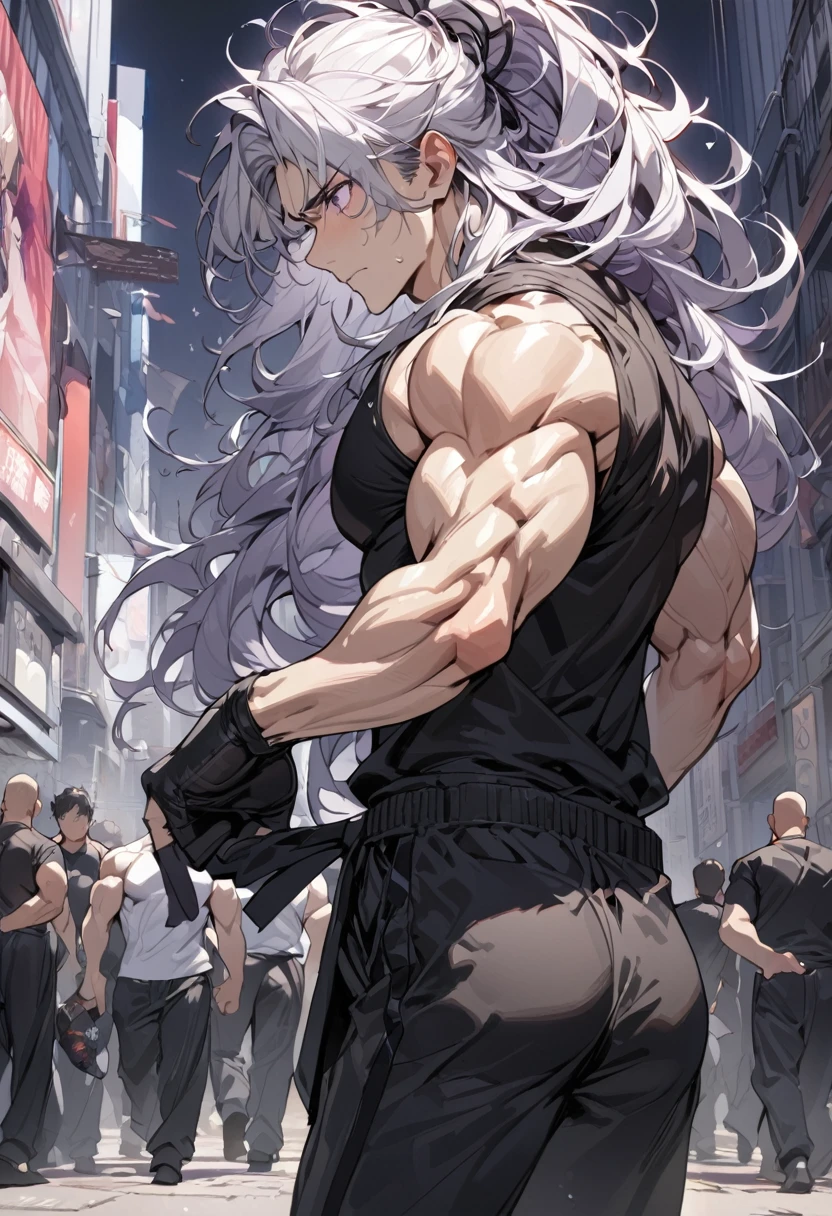 Highly detailed, High quality, Masterpiece, (long, long shot), 1 man, (white hair, purples eyes, medium long hair, messy hair, tired face, with dark circles, glove on right hand, no sweater, Wide black karate pants, a lot of muscles, detailed. background, walking in the square), portrait