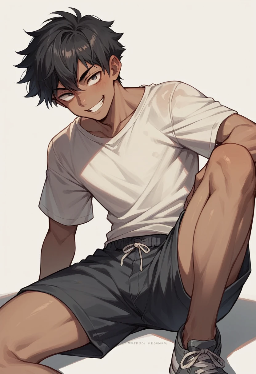 Semi realistic anime boy, 15year old, wearing no shirt (not explicit), skin fair, messy black hair, dark gray shorts and contagious smile. It's a hot day and he's sweating a little, SFW