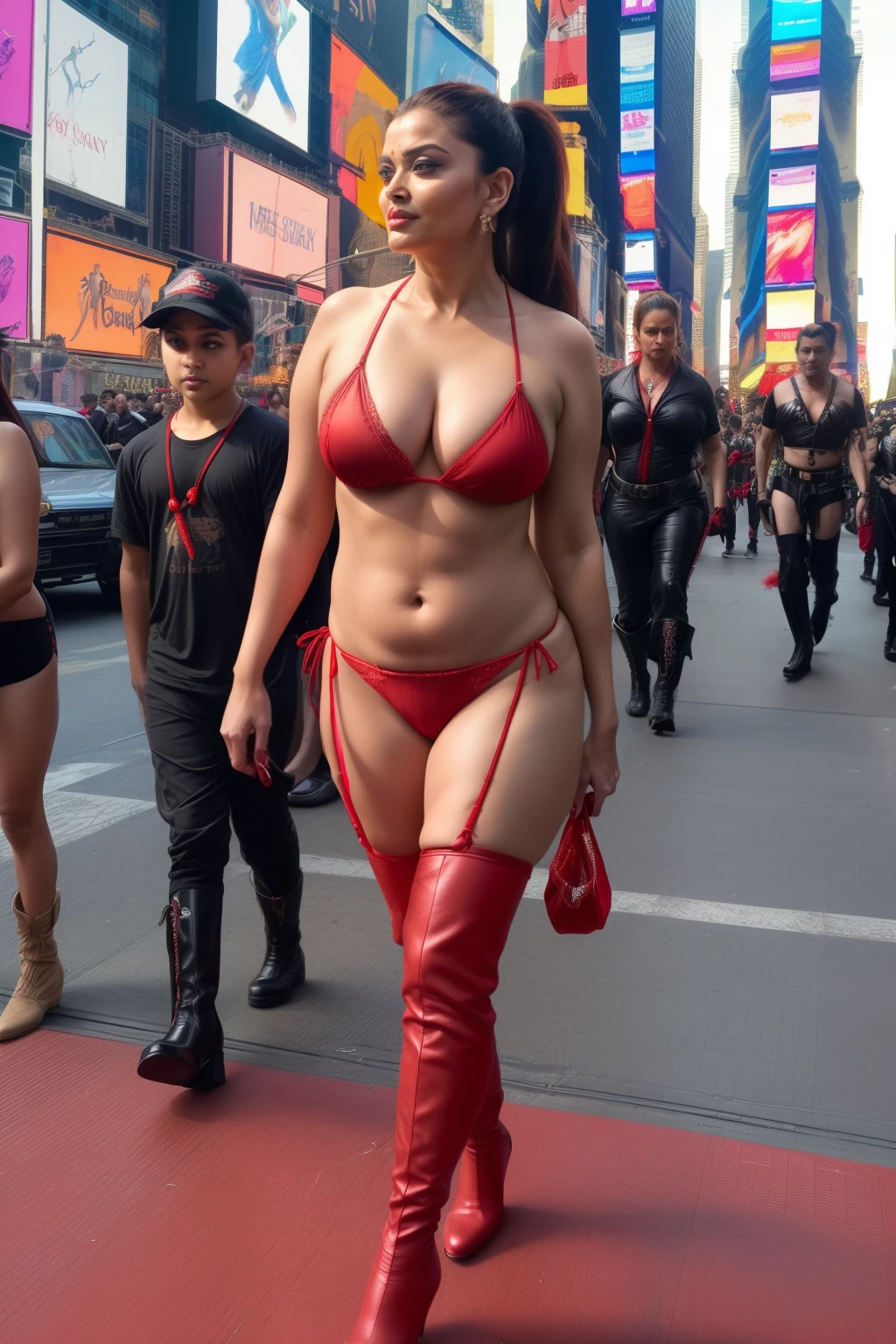 Full body photo of SEXY 50YO MATURE MILF AISHWARYA RAI as HORNY SEX MILF, ((ponytail hair)), ((red net micro bikini)), ((boots)), (((Leading a procession of boys in TIMES SQUARE))), day scene, fit curvaceous mature hourglass figure, look straight at camera, sexy 50 yo mature MILF, soft volumetric lights, intricate details, (ArtStation:1.2)