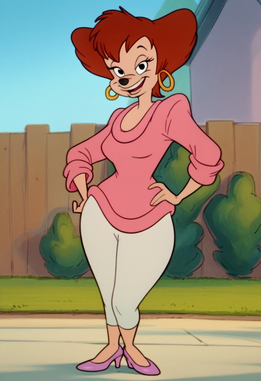 pegpete, 1girl, brown hair, pink sweater, solo, hoop earrings, short hair, outdoors, high heels, open mouth, smile, hand on own hip,  white pants, black eyes, furry female, looking at viewer, score_9, score_8_up, score_7_up, score_6_up, score_5_up, score_4_up