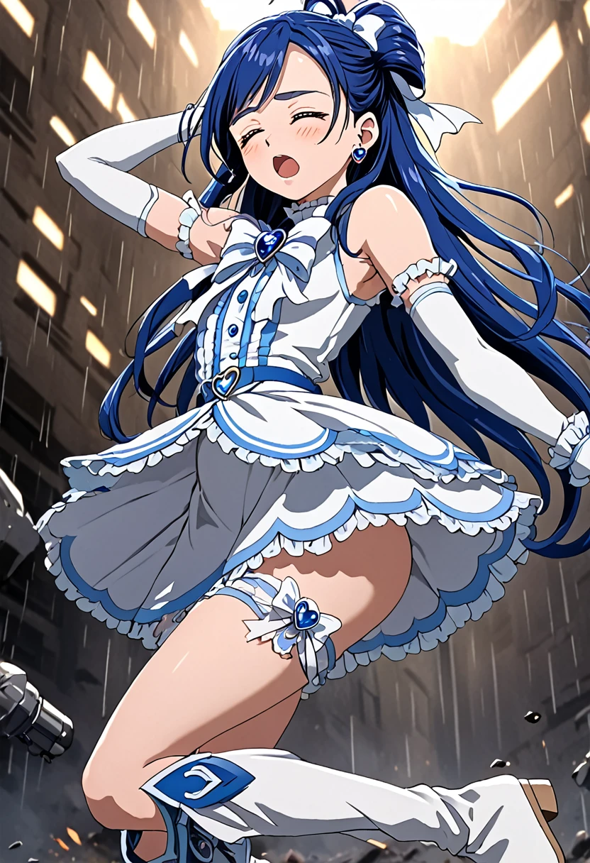 (Suffering from being held by a muscular man:1.5)、Cure White,hair ribbon,big Chest ribbon, mini skirt, white choker, thigh straps, elbow gloves, heart brooch,Heart Earrings,detailed hair and outfit, long flowing blue hair, white and blue frilly dress, white gloves and boots, blushing, feeling pain, suffering from arm being bitten by enemy, dynamic and intense scene, background with sound waves, eyes closed, masterpiece, best quality, highly detailed background, perfect lighting, (beautiful, best quality: 1.1), masterpiece, perfect eyes, (beautiful), (erotic: 1.2)