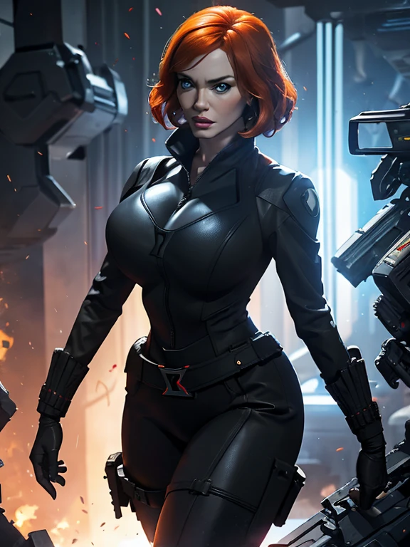 Create a dynamic 4K resolution full body portrait of Christina Hendricks as the character of Black Widow, the fierce Marvel superheroine. Visualize Christina Hendricks as Black Widow with her striking features: her short orange wavy hair. Her bright blue eyes, sharp and focused, should reflect her unwavering determination and strategic mind. She is 48 years old. Include Christina's sculpted cheekbones and slight wrinkles around the face. High-quality facial research of Christina Hendricks. Include Christina Hendricks large breasts. High-quality detailed research of Christina Hendricks voluptuous figure. Dress Christina Hendricks in the iconic Black Widow black tactical suit, with a huge bust the suit, featuring intricate details such as reinforced armor, gun holsters, utility belts, boots and the red hourglass symbol on her belt. The suit is so tight that Christina Hendricks breasts barely fit in it. The suit should appear sleek and functional, emphasizing her agility and combat prowess. Set the scene against the backdrop of a high-tech, futuristic environment, perhaps a S.H.I.E.L.D. headquarters or a cityscape at dusk, with neon lights casting dramatic shadows. Include elements such as holographic displays or glimpses of advanced technology to enhance the modern, action-packed atmosphere. The color palette should be dark and intense, with shades of black and deep reds, contrasted by the cool blues and silvers of the high-tech background, highlighting Black Widow's stealthy and formidable presence. Black Widow's expression should convey a blend of determination, focus, and a hint of vulnerability, capturing her complex character. Her gaze should be piercing and resolute, embodying her role as a master spy and a skilled combatant. This portrait aims to portray Christina Hendricks playing the role as the fictional character of Natasha Romanoff/Black Widow, capturing her iconic features and the high-stakes, action-packed world she inhabits in the Marvel universe
