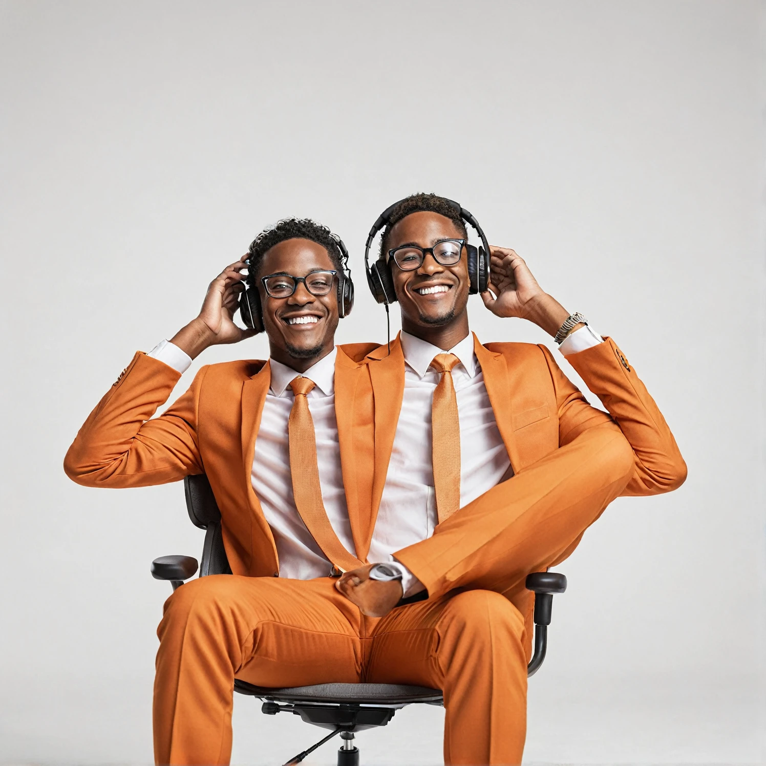A detailed front view image of a young Black man smiling, wearing headphones, dressed in an orange suit, with glasses, sitting relaxed in a chair with his hands behind his head, looking upwards, high-resolution and photorealistic, against a 100% white background."