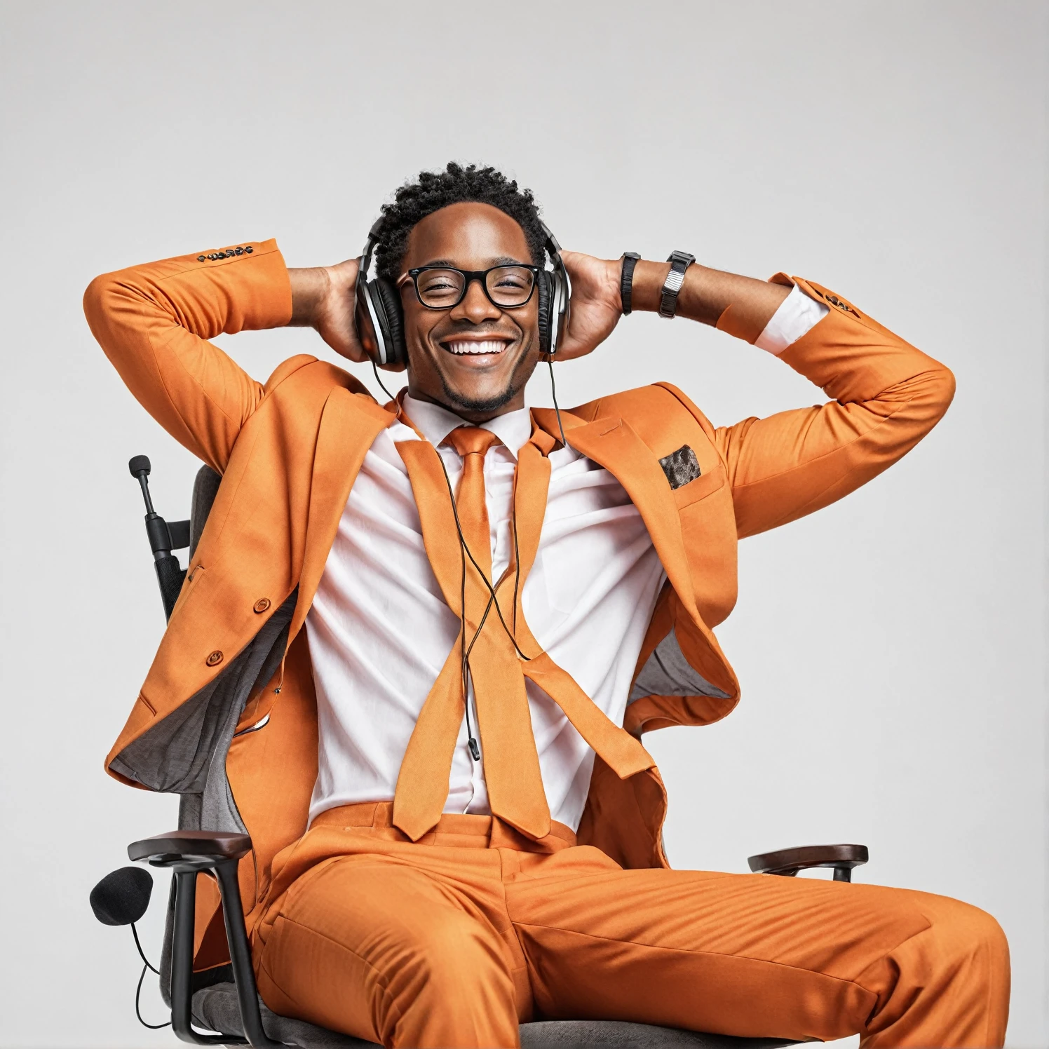 A detailed front view image of a young Black man smiling, wearing headphones, dressed in an orange suit, with glasses, sitting relaxed in a chair with his hands behind his head, looking upwards, high-resolution and photorealistic, against a 100% white background."