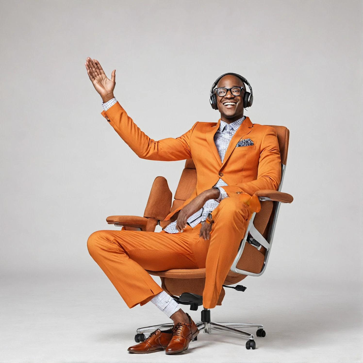 A detailed front view image of a young Black man smiling, wearing headphones, dressed in an orange suit, with glasses, sitting relaxed in a chair with his hands behind his head, looking upwards, high-resolution and photorealistic, against a 100% white background."