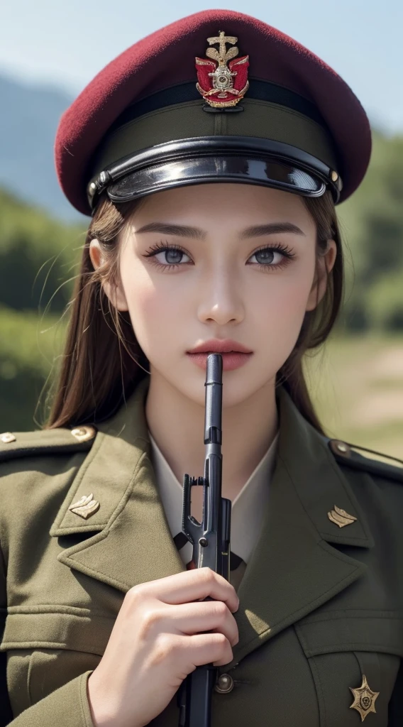 ((Best Quality, 8k, Masterpiece:1.3)), Focus:1.2, Perfect Body Beauty:1.4, ((Delicate Hair)), (Military Uniform:1.1), (Red Beret Army: 1.1), (Firearms: 1.1), (Soldier Uniform: 1.1), Military Coat: 1.1) Highly detailed face and skin texture, Detailed eyes, Double eyelids, whitening skin, Big breasts, smile, in the jungle, super detailed face, super detailed eyes, super detailed, hands, super detailed fingers, super detailed body, super fine body, super fine face, super fine eyes, super fine fingers, super fine hands, super fine foots, Holding firearms, rifle, Soldier, Perfect Soldier, weapon, rifle, special force, military, Super detailed firearms, Super Detailed Military Coat, Army, Super fine firearms, Super detailed Beret, Super detailed firearms, Super realistic firearms, super detailed rifle, super realistic, muscular, female soldier, Commissioned Officer, high ranking officer, general rank, with a view of the self-propelled artillery behind her, Super Detailed red beret, realistic view, perfect lighting, military vehicle, army beret, candid, real pistol, real gun