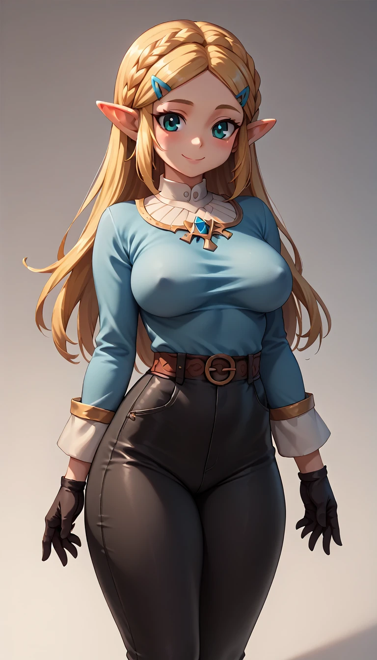 High resolution, Very detailed, perfect lighting, beautiful detailed eyes,   ((masterpiece,Best Quality)), absurdities, alone,     princess zelda, by the width, crown braid, Hair clip, pointy ears, blue shirt, long sleeves, Gloves without fingers, black gloves, Black pants, tight pants, smile, curves, nod,   ,  deep neckline, deep neckline, bare breasts, bare breasts, NSFW, visible nipples, visible nipples 