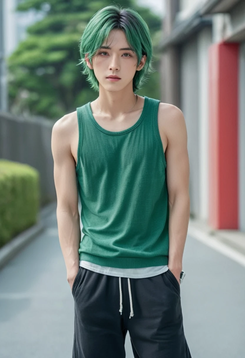 Japanese male model, face freckles, with viridian green eyes, short curly viridian green hair, wearing a loose tank top, and joggers, in a red high top sneakers,(masterpiece:1.35),(best-quality:1.4),8k,ultra-detailed,photography,(ultra-realistic:1.4), adult girl, long hair, sweater, snowing background,