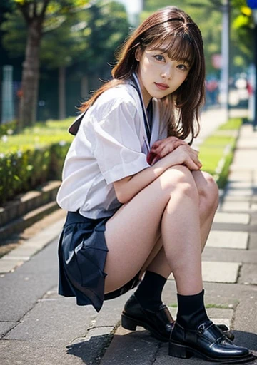 (8K high resolution), (Highest quality), (RAW quality),(Tabletop:1.2), (Realistic), (Realistic:1.37), ,Big eyes,Long eyelashes,(Live-action realistic style),The ultimate face,Realistic Light and Shadow,Distinct facial features,,Fair skin, ),Best Portrait,Close-range shooting, 1 girl, cute,Beautiful attention to detail,Highly detailed skin,(Beautiful face with double eyelids), (realism: 1.4),((Full body image)) ,Fine and beautiful face,,Women around 20 years old,(Beautiful Face 1.4),Middle Way Hair,((Japanese schoolgirls in uniform)),(Make eye contact with your audience),Red lipstick,Dragging around the eyes,(Laugh a little),In a park rich in nature,Sit upright on one knee.,Her skirt is rolled up.、Panties in full view..,Pastel colored panties,I love showing my underwear to the audience,Show the audience your panties,(Japan Uniform),A beautiful face reflected in the light,Red lipstick,Dragging around the eyes,Her beautiful legs are her charming point.,A very bright world