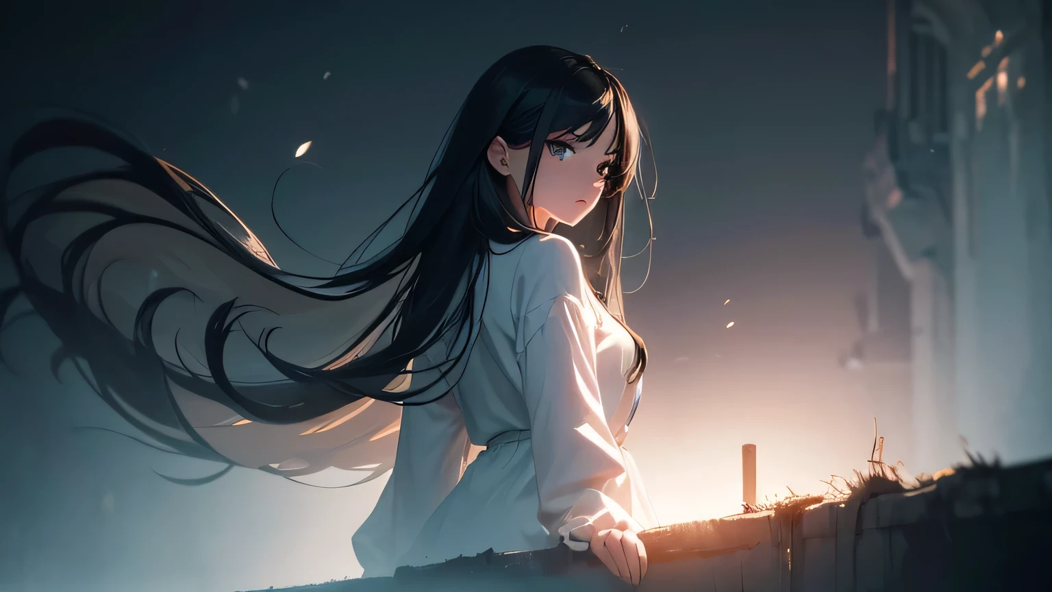 Anime girl with long black hair standing on a ledge - SeaArt AI
