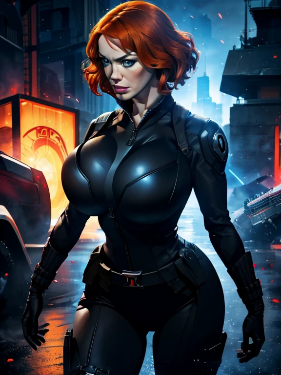 Create a dynamic 4K resolution full body portrait of Christina Hendricks as the character of Black Widow, the fierce Marvel superheroine. Visualize Christina Hendricks as Black Widow with her striking features: her short orange wavy hair. Her bright blue eyes, sharp and focused, should reflect her unwavering determination and strategic mind. She is 48 years old. Include Christina's sculpted cheekbones and slight wrinkles around the face. High-quality facial research of Christina Hendricks. Include Christina Hendricks large breasts. High-quality detailed research of Christina Hendricks voluptuous figure. Dress Christina Hendricks in the iconic Black Widow black tactical suit, with a huge bust the suit, featuring intricate details such as reinforced armor, gun holsters, utility belts, boots and the red hourglass symbol on her belt. The suit is so tight that Christina Hendricks breasts barely fit in it. The suit should appear sleek and functional, emphasizing her agility and combat prowess. Set the scene against the backdrop of a high-tech, futuristic environment, perhaps a S.H.I.E.L.D. headquarters or a cityscape at dusk, with neon lights casting dramatic shadows. Include elements such as holographic displays or glimpses of advanced technology to enhance the modern, action-packed atmosphere. The color palette should be dark and intense, with shades of black and deep reds, contrasted by the cool blues and silvers of the high-tech background, highlighting Black Widow's stealthy and formidable presence. Black Widow's expression should convey a blend of determination, focus, and a hint of vulnerability, capturing her complex character. Her gaze should be piercing and resolute, embodying her role as a master spy and a skilled combatant. This portrait aims to portray Christina Hendricks playing the role as the fictional character of Natasha Romanoff/Black Widow, capturing her iconic features and the high-stakes, action-packed world she inhabits in the Marvel universe
