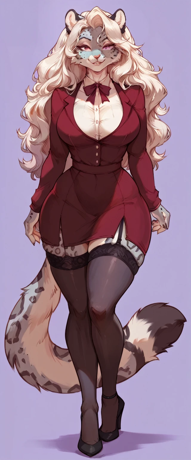 score_9, score_8_up, score_7_up, score_6_up, score_5_up, score_4_up, (solo), female anthro hyena,turtleneck dress, lusty, fluffy body, long blond hair, turquoise eyes, (thick thighs:1.5) garter belt tights,lying down, on back, pov from front and above, violet background, simple background