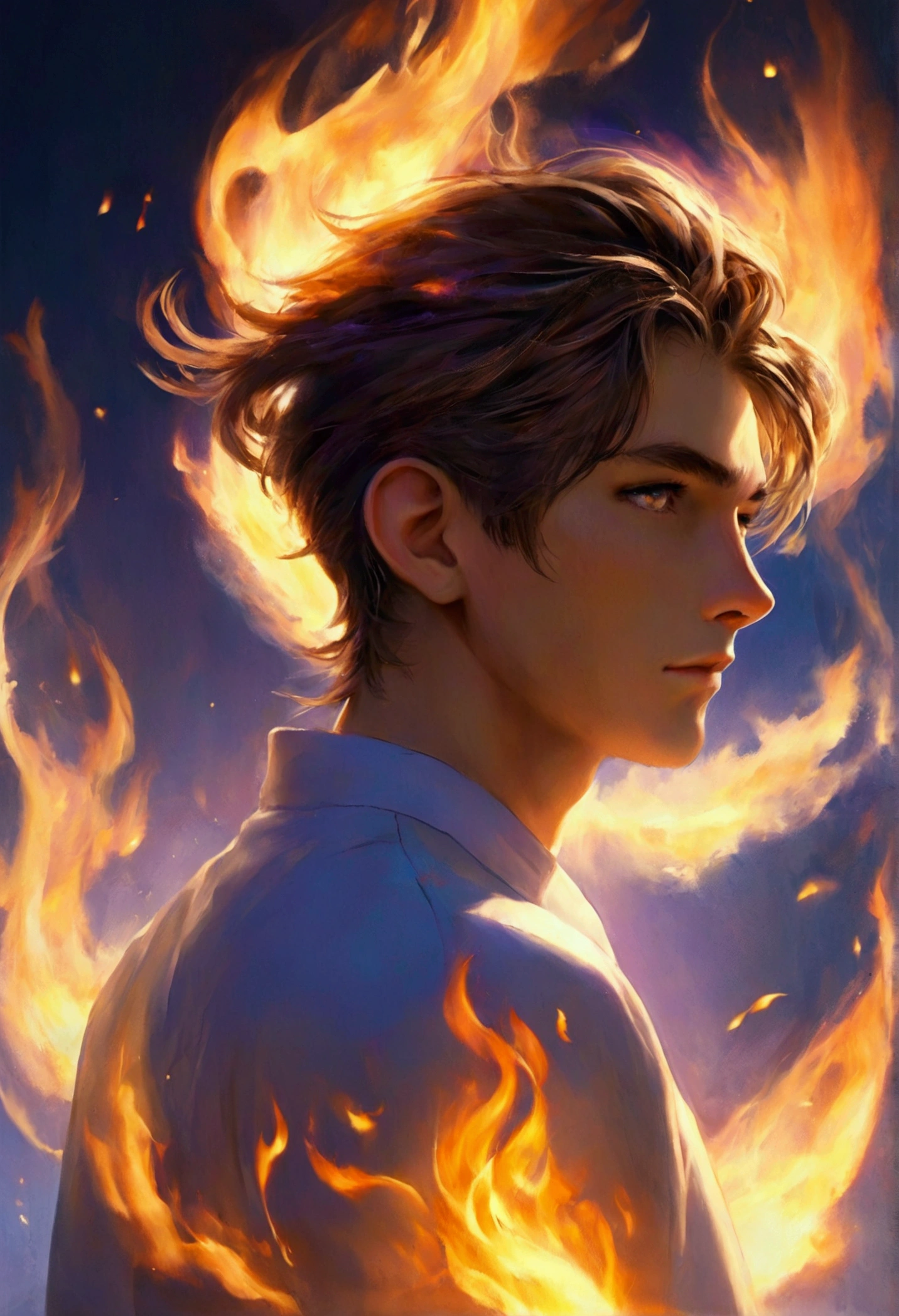 high quality, 4k, Medium shot, profile portrait of brown hair boy with collected ponytail, white, with fiery eyes wrapped in purple fire flames with blue photorealistic render of anime boy,