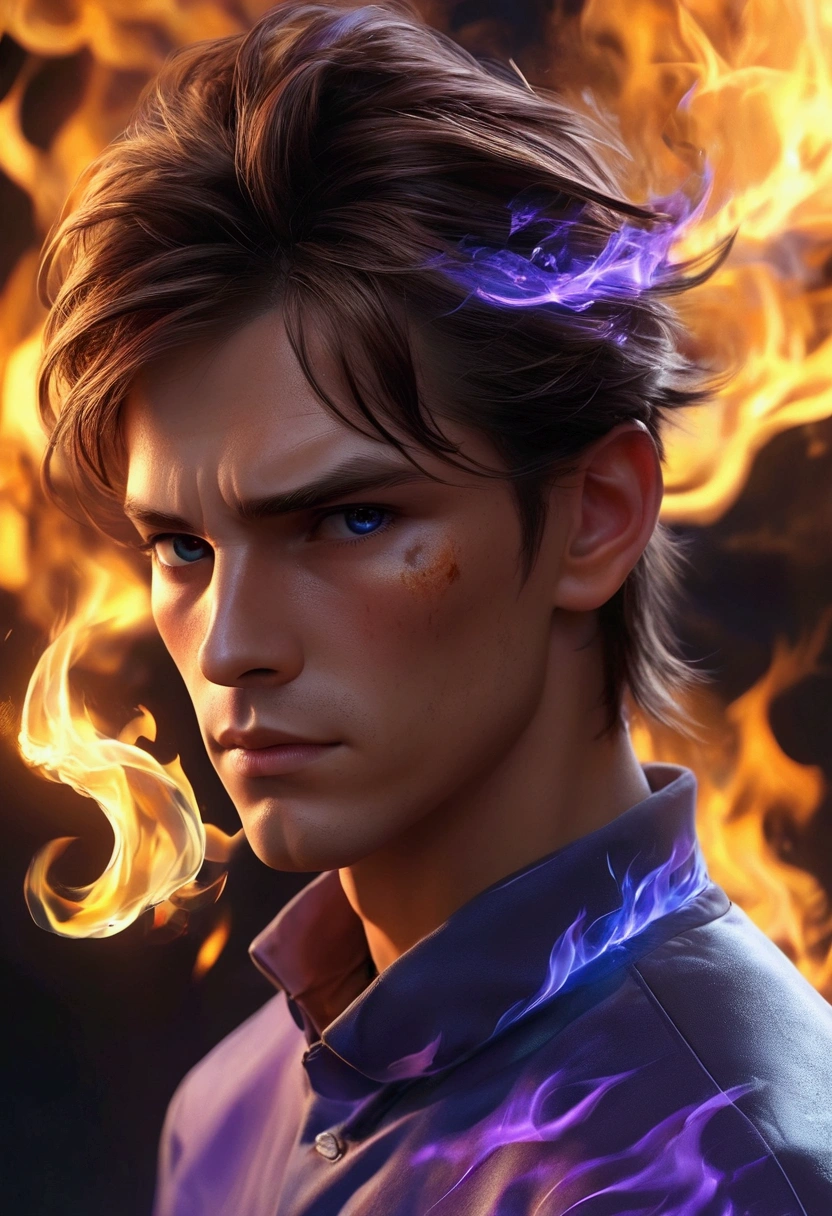 high quality, 4k, Medium shot, profile portrait of brown hair boy with collected ponytail, white, with fiery eyes wrapped in purple fire flames with blue photorealistic render of anime boy,