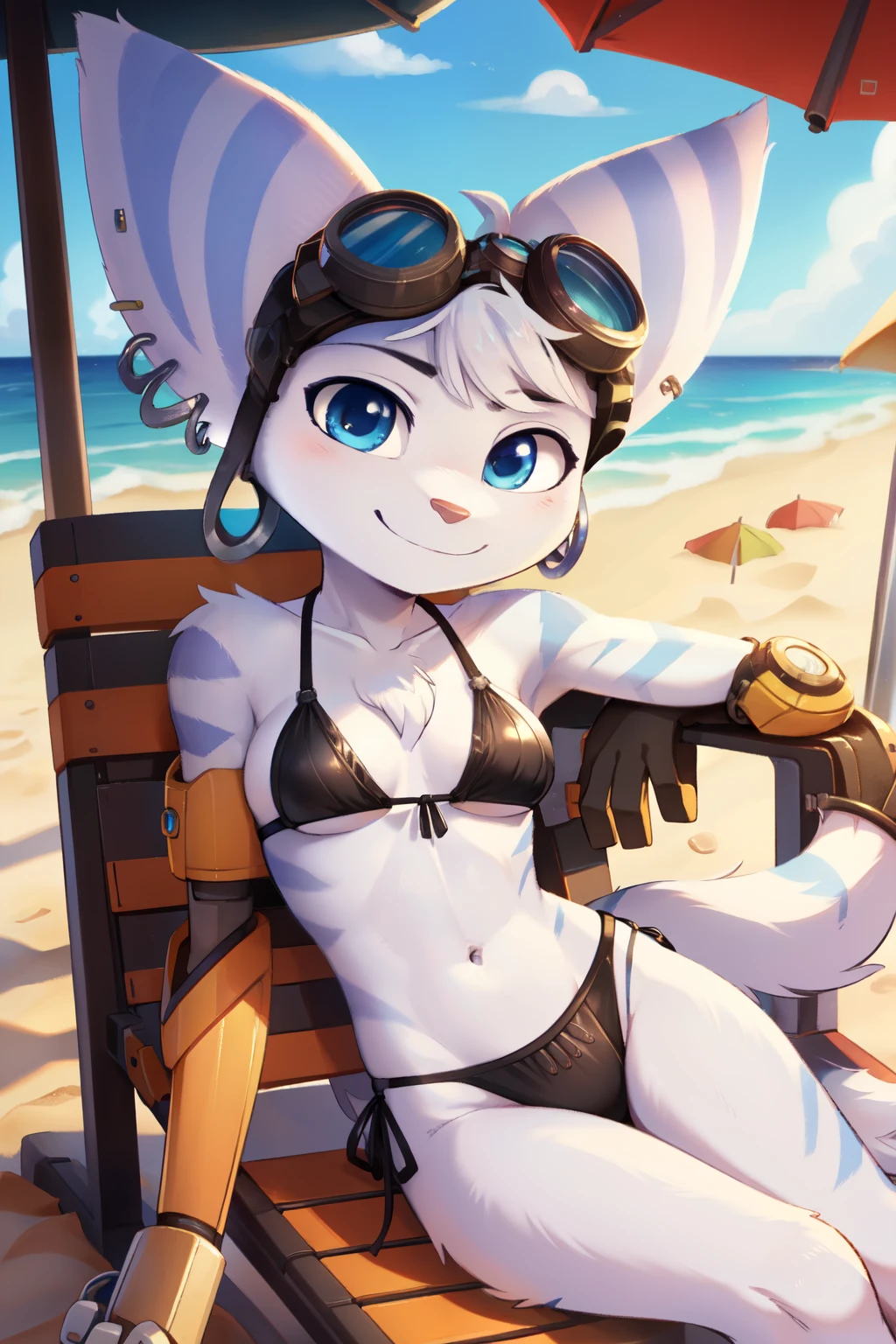score_9,score_8_up,score_7_up, source_cartoon, source_furry, furry, Rivet, lombax, blue eyes, white body fur, animal ears, earrings, goggles on head, ((black fringed bikini)) bangs, mechanical left arm, tail, beach, beach background, smile, solo, solo focus, triadic lighting, sunbeam, on side, feets with three toes, 3 toes, detailed body fur, detailed eyes, detailed face, gorgeous body, skinny, full body, sit on beach chair,