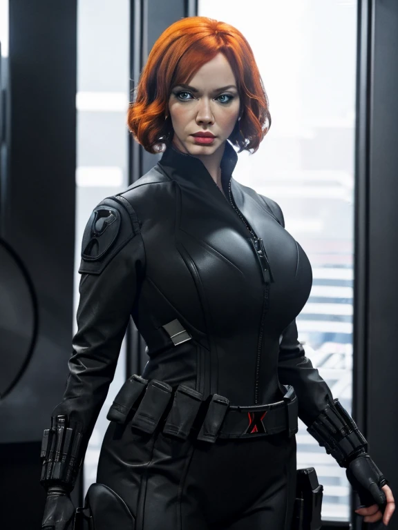 Create a dynamic 4K resolution full body portrait of Christina Hendricks as the character of Black Widow, the fierce Marvel superheroine. Visualize Christina Hendricks as Black Widow with her striking features: her short orange wavy hair. Her bright blue eyes, sharp and focused, should reflect her unwavering determination and strategic mind. She is 48 years old. Include Christina's sculpted cheekbones and slight wrinkles around the face. High-quality facial research of Christina Hendricks. Include Christina Hendricks large breasts. High-quality detailed research of Christina Hendricks voluptuous figure. Dress Christina Hendricks in the iconic Black Widow black tactical suit, with a huge bust the suit, featuring intricate details such as reinforced armor, gun holsters, utility belts, boots and the red hourglass symbol on her belt. The suit is so tight that Christina Hendricks breasts barely fit in it. The suit should appear sleek and functional, emphasizing her agility and combat prowess. Set the scene against the backdrop of a high-tech, futuristic environment, perhaps a S.H.I.E.L.D. headquarters or a cityscape at dusk, with neon lights casting dramatic shadows. Include elements such as holographic displays or glimpses of advanced technology to enhance the modern, action-packed atmosphere. The color palette should be dark and intense, with shades of black and deep reds, contrasted by the cool blues and silvers of the high-tech background, highlighting Black Widow's stealthy and formidable presence. Black Widow's expression should convey a blend of determination, focus, and a hint of vulnerability, capturing her complex character. Her gaze should be piercing and resolute, embodying her role as a master spy and a skilled combatant. This portrait aims to portray Christina Hendricks playing the role as the fictional character of Natasha Romanoff/Black Widow, capturing her iconic features and the high-stakes, action-packed world she inhabits in the Marvel universe
