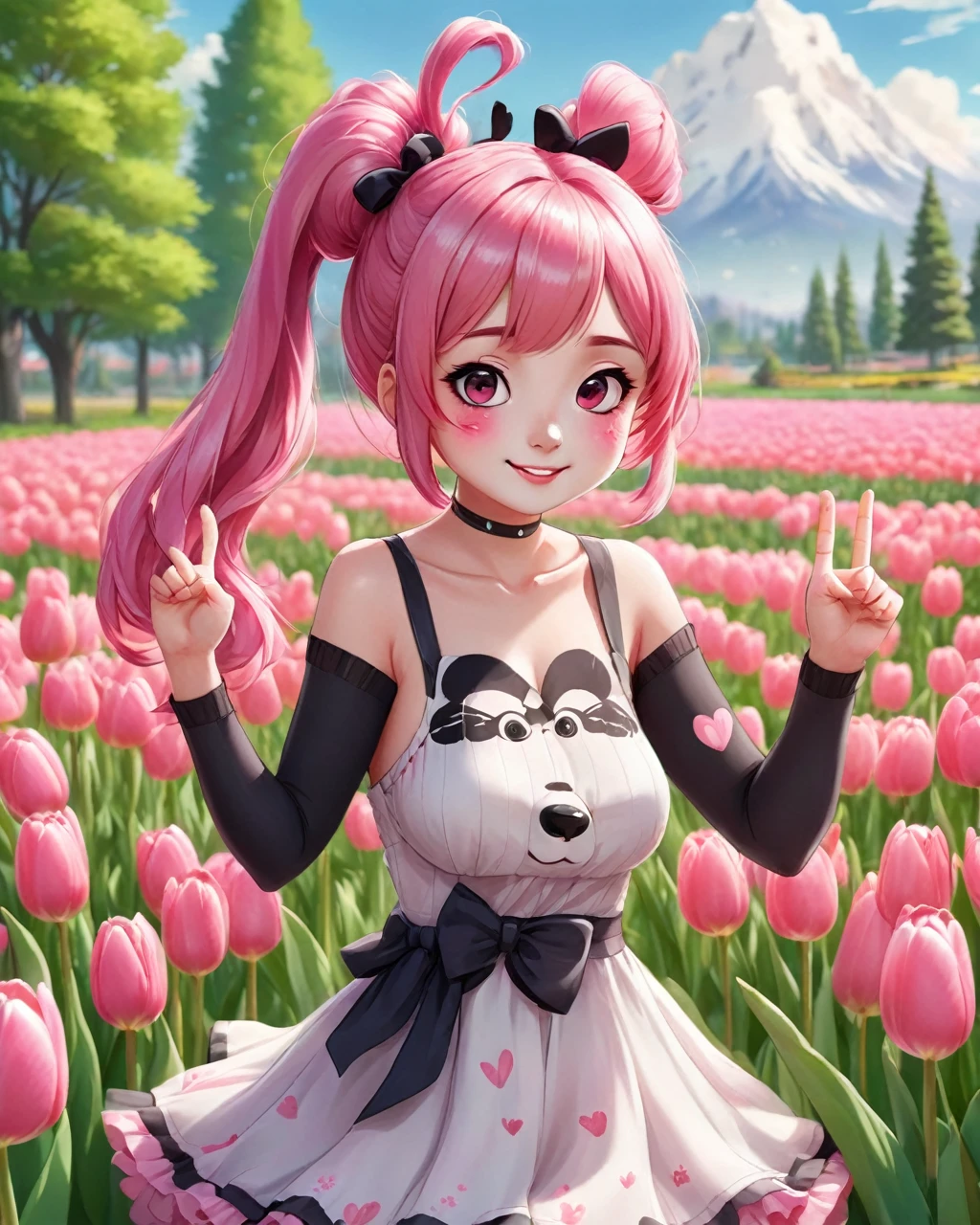 A panda anime girl in a field of tulips is showing a peace sign. With pink hair in 2 buns winking in one eye. Wearing a pretty dress