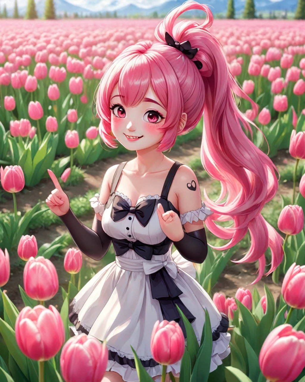 A panda anime girl in a field of tulips is showing a peace sign. With pink hair in 2 buns winking in one eye. Wearing a pretty dress