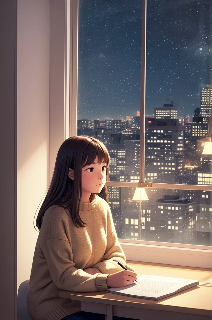 Cozy interior with a  girl sitting at a desk, wearing a sweater. She is writing, with a thoughtful expression, hanging golden stars. Window with a night view of the city. Intimate and warm atmosphere with soft lighting "Smooth animation style with clean lines, saturated colors and soft shadows, reminiscent of Studio Ghibli or Lofi illustrations."