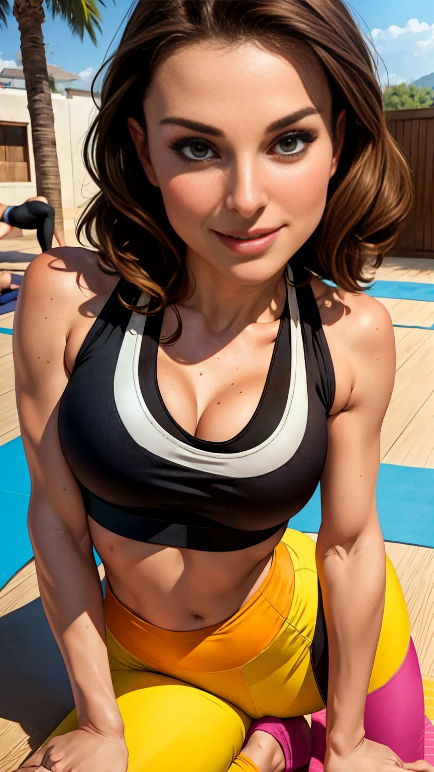 Natalie Portman, downward facing dog yoga pose, crop top and sweat shorts, perfect boobs, cleavage, smile