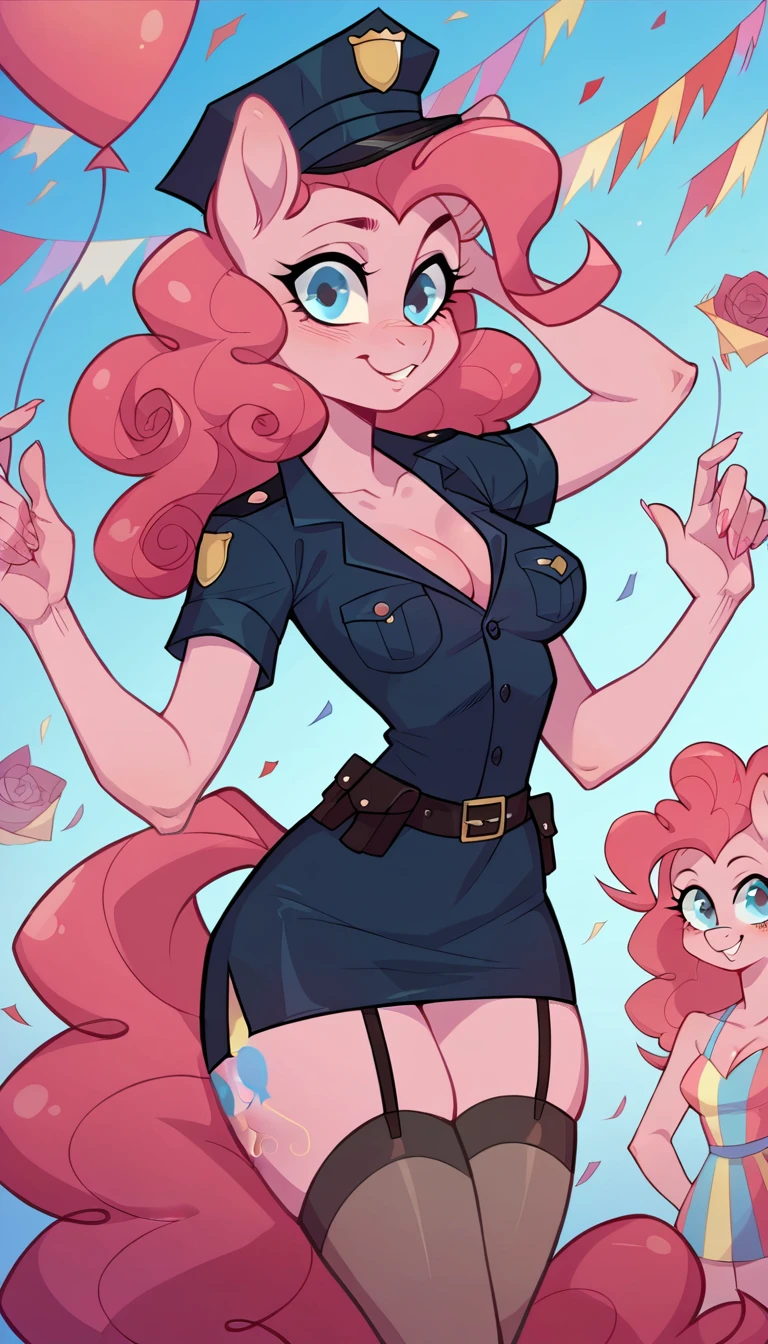 girl, police uniform, sexy roleplay, seductive posing, NSFW, mlp style, anthro character, Pinkie Pie, pink skin, long curly rose hair, sexy opaque stockings, little breasts, surprise birthday party,