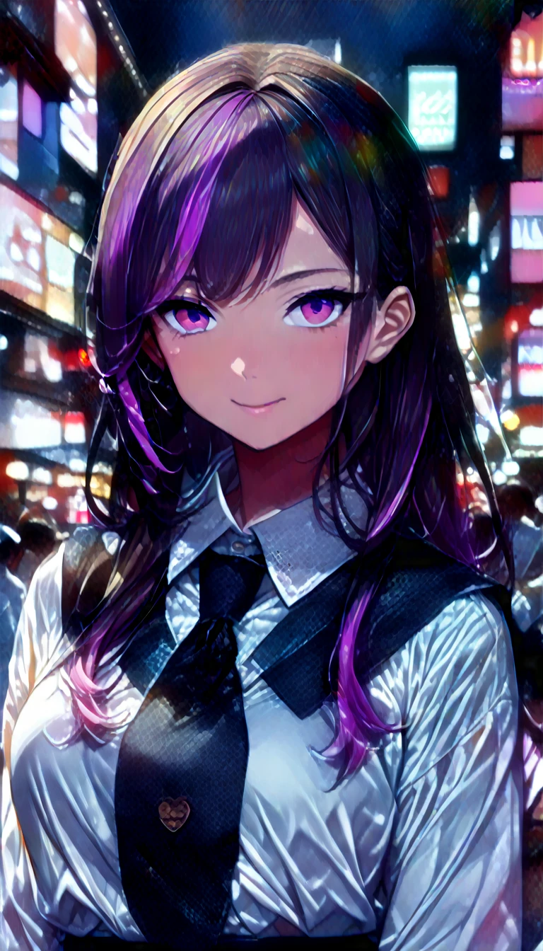 (highest quality:1.2, Very detailed, up to date, Vibrant, Ultra-high resolution, High Contrast, masterpiece:1.2, highest quality, Best aesthetics), Portraiture、girl、((25-years-old:1)), Bright colors、Beautiful fine details、Beautiful lip detail、long hair、black and purple ((streaked hair:1.6)), highlights hair: 1.5, brown eyes, ring earrings, ((slim body:1.2)), (small breast:0.7), (dark skin:0.5), (japanese traditional yukata), colorful floral pattern yukata, elegant pose, Gorgeous summer festival, bon dancee, Cowboy shot,