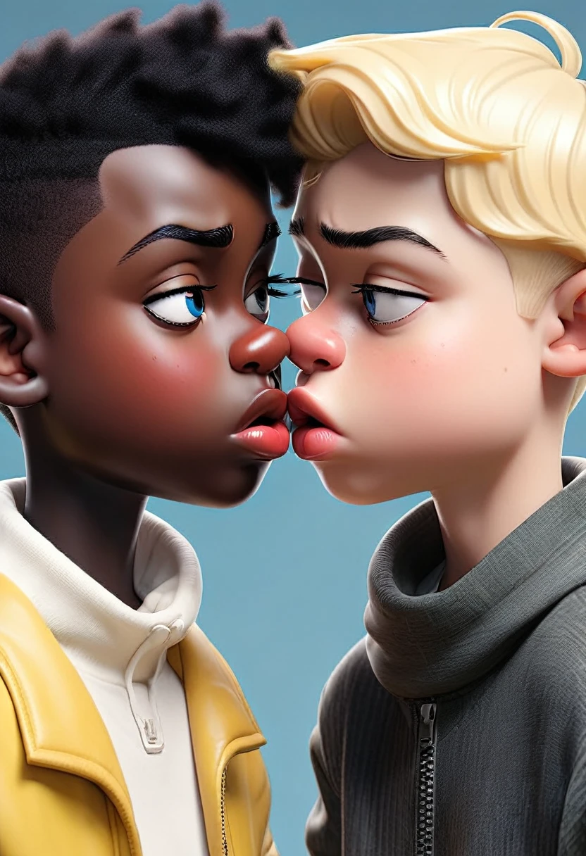 A very fat white and blond boy and another thin black boy kissing on the mouth