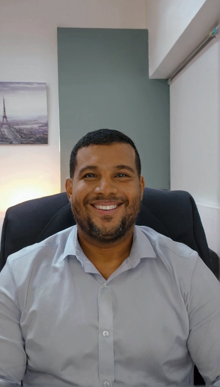 smiling man sitting on a chair in front of a table, best image 