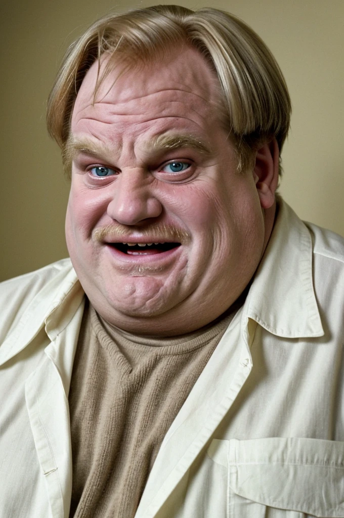 Very old looking Chris Farley at 93 years old with white hair. 
