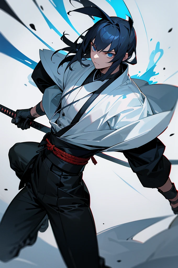 Appearance:

hairs: white, smooth and medium-length, falling slightly over the shoulders.
eyeballs: Bright blues, with a cold and calculating look.
badass clothing: A customized version of the Demon Hunter uniform. His haori is dark blue., with white snow patterns. Sob a haori, He wears a black shirt with black pants and reinforced combat boots..
Accessories: A red sash tied around the waist, where he holds his katana. He also wears black leather gloves for extra protection during fights..