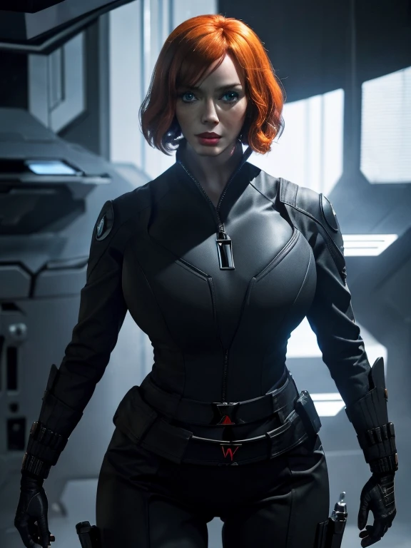 Create a dynamic 4K resolution full body portrait of Christina Hendricks as the character of Black Widow, the fierce Marvel superheroine. Visualize Christina Hendricks as Black Widow with her striking features: her short orange wavy hair. Her bright blue eyes, sharp and focused, should reflect her unwavering determination and strategic mind. She is 48 years old. Include Christina's sculpted cheekbones and slight wrinkles around the face. High-quality facial research of Christina Hendricks. Include Christina Hendricks large breasts. High-quality detailed research of Christina Hendricks voluptuous figure. Dress Christina Hendricks in the iconic Black Widow black tactical suit, with a huge bust the suit, featuring intricate details such as reinforced armor, gun holsters, utility belts, boots and the red hourglass symbol on her belt. The suit is so tight that Christina Hendricks breasts barely fit in it. The suit should appear sleek and functional, emphasizing her agility and combat prowess. Set the scene against the backdrop of a high-tech, futuristic environment, perhaps a S.H.I.E.L.D. headquarters or a cityscape at dusk, with neon lights casting dramatic shadows. Include elements such as holographic displays or glimpses of advanced technology to enhance the modern, action-packed atmosphere. The color palette should be dark and intense, with shades of black and deep reds, contrasted by the cool blues and silvers of the high-tech background, highlighting Black Widow's stealthy and formidable presence. Black Widow's expression should convey a blend of determination, focus, and a hint of vulnerability, capturing her complex character. Her gaze should be piercing and resolute, embodying her role as a master spy and a skilled combatant. This portrait aims to portray Christina Hendricks playing the role as the fictional character of Natasha Romanoff/Black Widow, capturing her iconic features and the high-stakes, action-packed world she inhabits in the Marvel universe
