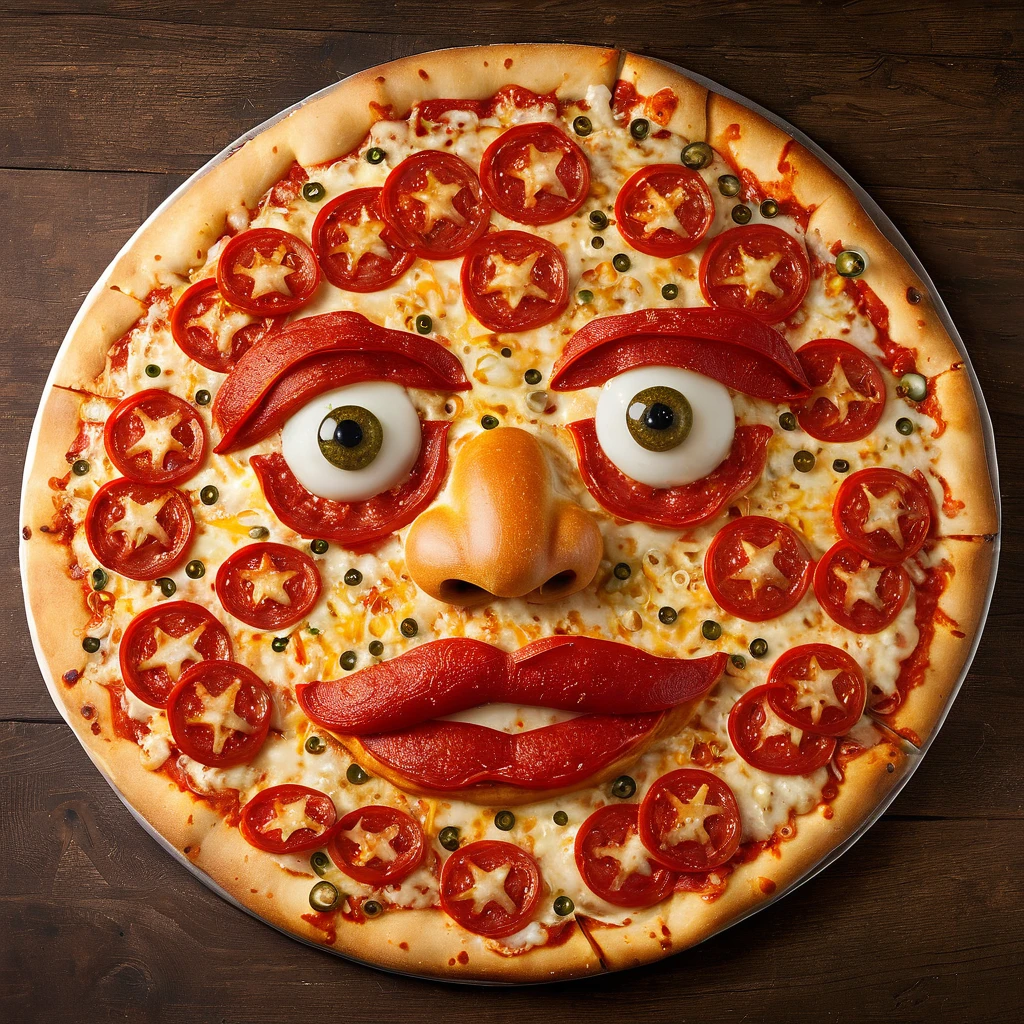 a pizza forming a human face with two pepperoni eyes, onion nose and tomato mouth