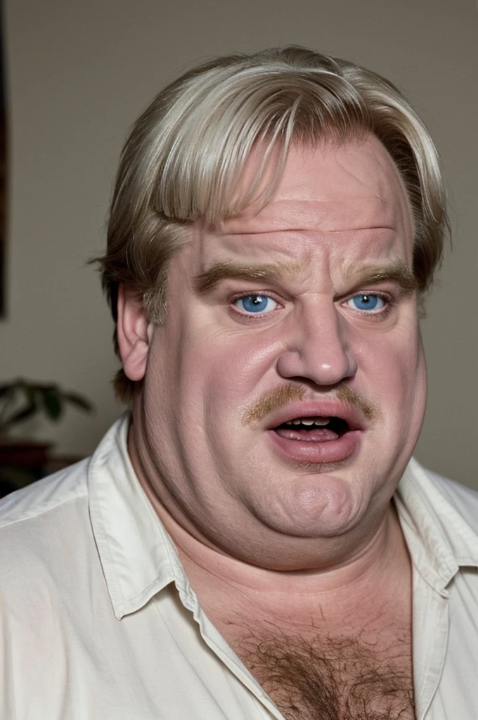Decrepit Chris Farley at 73 years old with white hair.