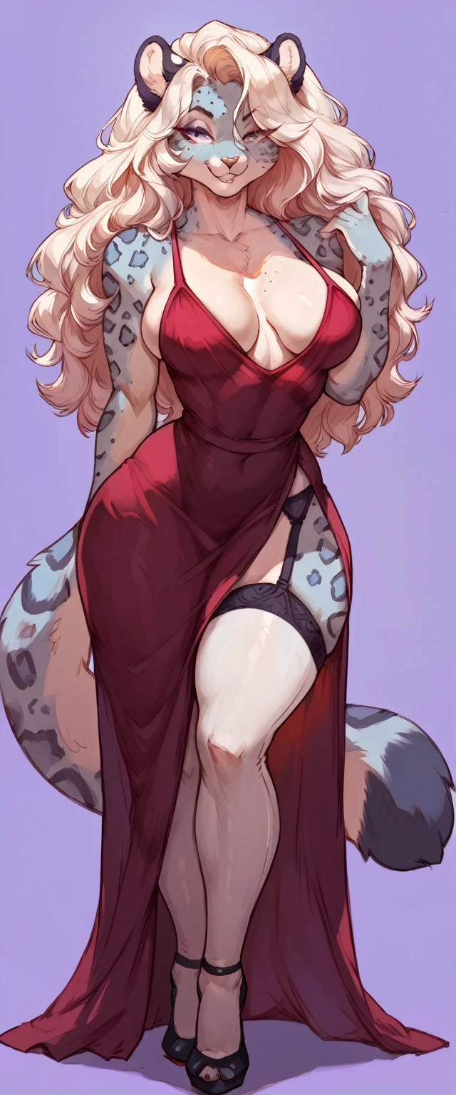 (solo) female anthro snow leopard, long fluffy hair, snow leopard, big breasts, attractive, peasant dress, garter belt tights fit body, snow leopard tail,, thicc, freckles, freckles on face, smug eyes, (mad expression), she is standing look to the viewer , violet background, simple background, thick thighs  (front view) high heels