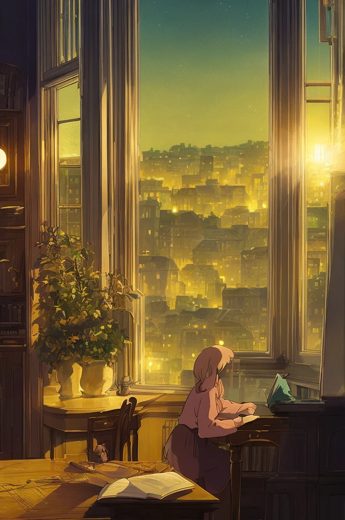 Cozy interior with a teenage girl sitting at a desk, wearing a sweater. She is writing, with a thoughtful expression, hanging golden stars. Window with a night view of the city. Intimate and warm atmosphere with soft lighting "Smooth animation style with clean lines, saturated colors and soft shadows, reminiscent of Studio Ghibli or Lofi illustrations."