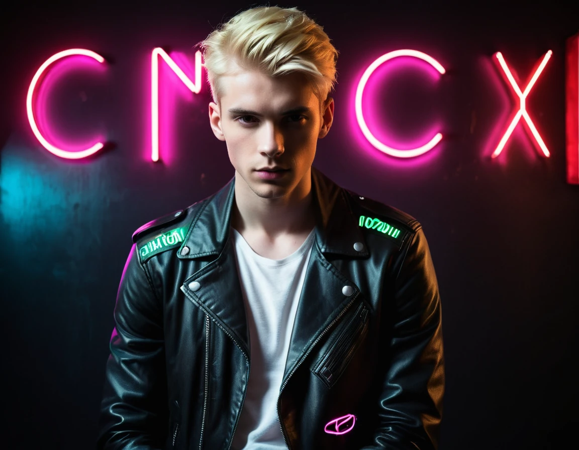 Photorealistic, dark vibes, solo, young man, 22 years, pale skin, model (skinny:1.3), (short layered blond hair:1.5), (black leather jacket:1.3), dark lighting, foreboding, sexy, (neon letters C N T X:1.4), night club setting, BDSM background