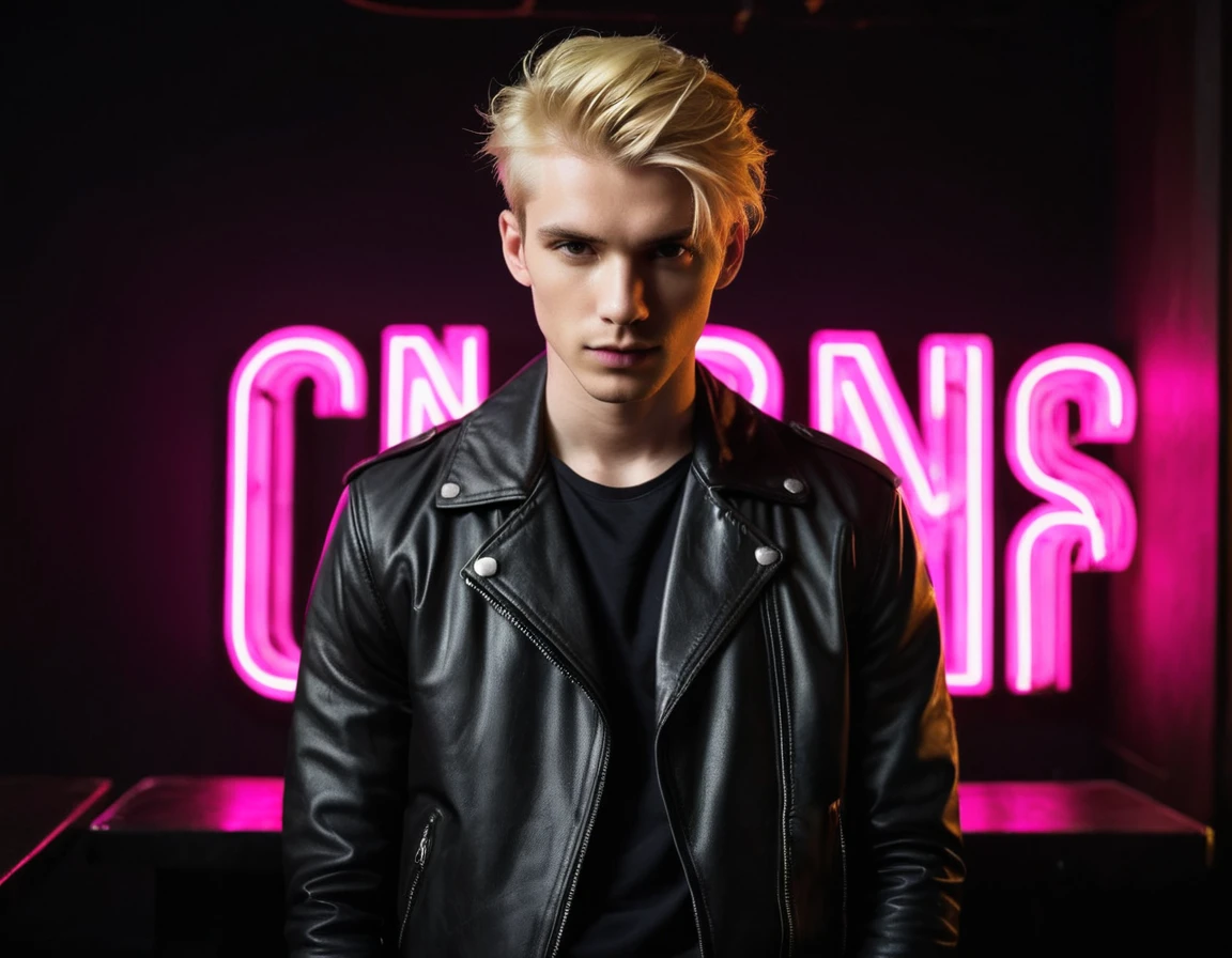 Photorealistic, dark vibes, solo, young man, 22 years, pale skin, model (skinny:1.3), (short layered blond hair:1.5), (black leather jacket:1.3), dark lighting, foreboding, sexy, (neon letters C N T X:1.4), night club setting, BDSM background