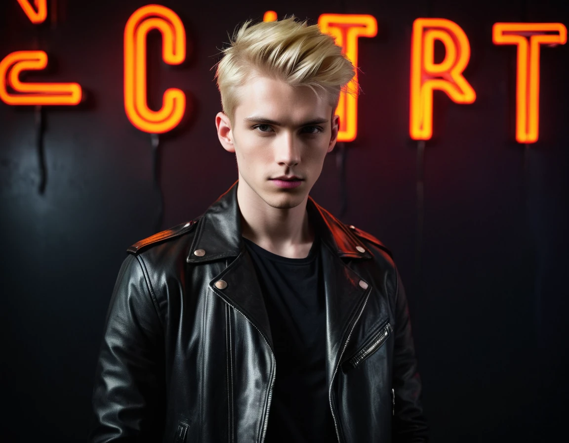 Photorealistic, dark vibes, solo, young man, 22 years, pale skin, model (skinny:1.3), (short layered blond hair:1.5), (black leather jacket:1.3), dark lighting, foreboding, sexy, (neon letters C N T X:1.4), night club setting, BDSM background