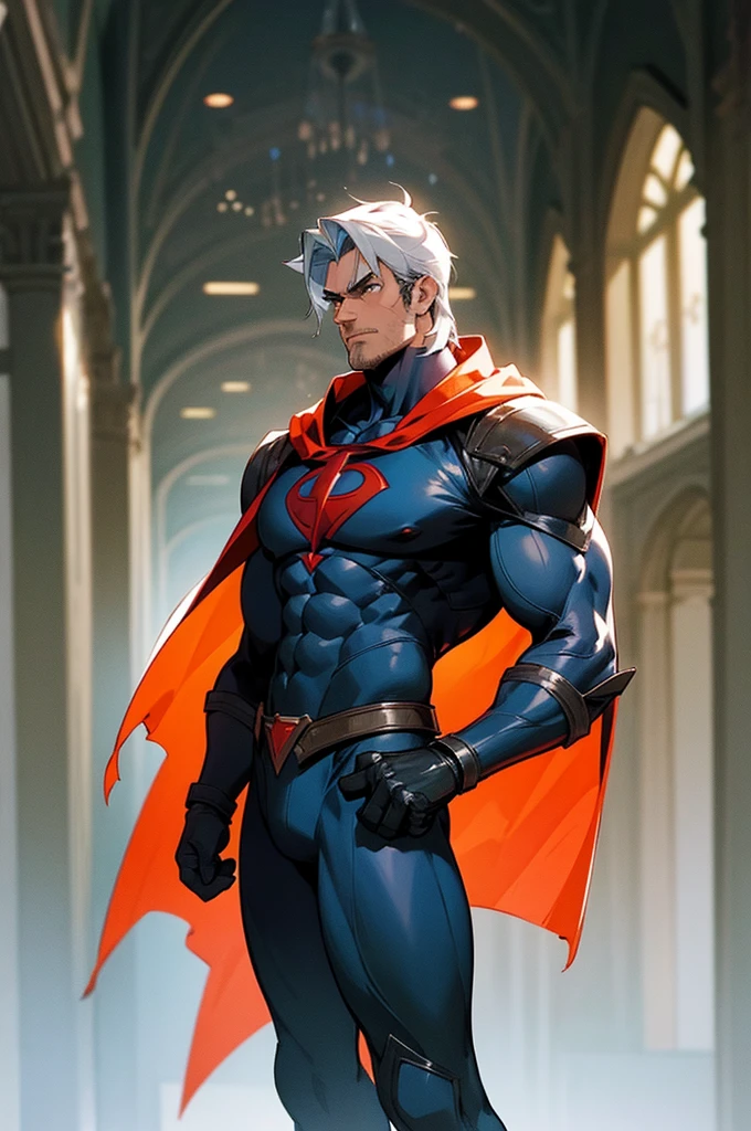 superhero, (full body:1.2), 1boy, man, ruggedly handsome, solo, [:creative costume design,:0.2] crusader, caucasian, darkseagreen hair, (solid:1) build, in a government building, upper body only, cowboy shot