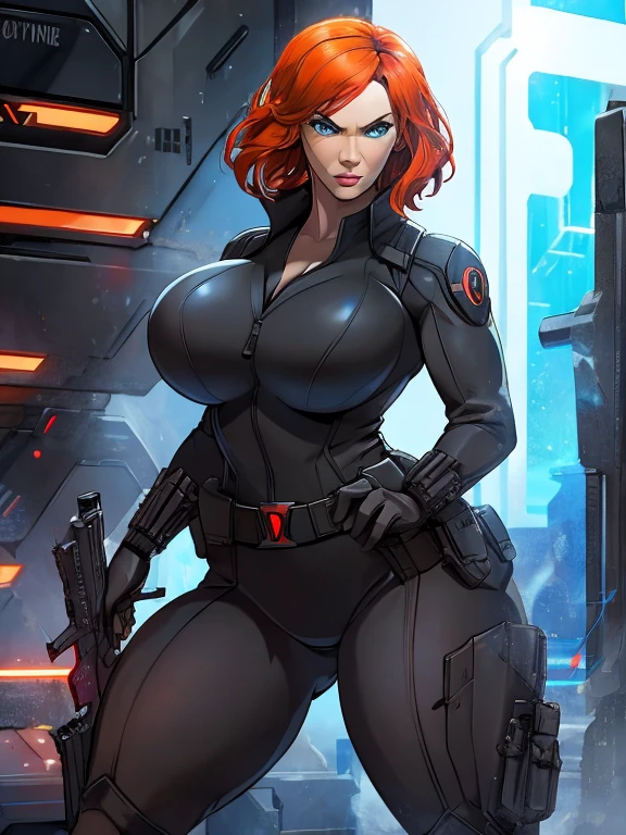 Create a dynamic 4K resolution full body portrait of Christina Hendricks as the character of Black Widow, the fierce Marvel superheroine. Visualize Christina Hendricks as Black Widow with her striking features: her short orange wavy hair. Her bright blue eyes, sharp and focused, should reflect her unwavering determination and strategic mind. She is 48 years old. Include Christina's sculpted cheekbones and slight wrinkles around the face. High-quality facial research of Christina Hendricks. Include Christina Hendricks large breasts. High-quality detailed research of Christina Hendricks voluptuous figure. Dress Christina Hendricks in the iconic Black Widow black tactical suit, with a huge bust the suit, featuring intricate details such as reinforced armor, gun holsters, utility belts, boots and the red hourglass symbol on her belt. The suit is so tight that Christina Hendricks breasts barely fit in it. The suit should appear sleek and functional, emphasizing her agility and combat prowess. Set the scene against the backdrop of a high-tech, futuristic environment, perhaps a S.H.I.E.L.D. headquarters or a cityscape at dusk, with neon lights casting dramatic shadows. Include elements such as holographic displays or glimpses of advanced technology to enhance the modern, action-packed atmosphere. The color palette should be dark and intense, with shades of black and deep reds, contrasted by the cool blues and silvers of the high-tech background, highlighting Black Widow's stealthy and formidable presence. Black Widow's expression should convey a blend of determination, focus, and a hint of vulnerability, capturing her complex character. Her gaze should be piercing and resolute, embodying her role as a master spy and a skilled combatant. This portrait aims to portray Christina Hendricks playing the role as the fictional character of Natasha Romanoff/Black Widow, capturing her iconic features and the high-stakes, action-packed world she inhabits in the Marvel universe
