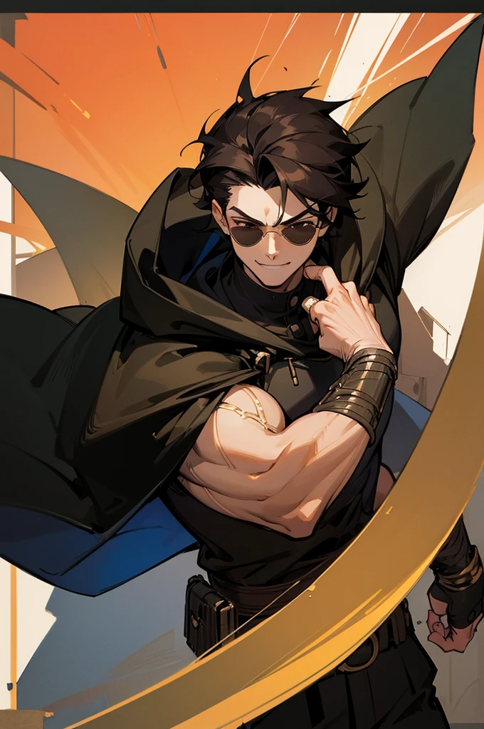 ((illustration)), (best quality)), ((masterpiece)), (detailed), ((cinematic)), age, boy, dark hair, brown eyes, muscular, shirt, black hoodie, sunglass, smirking, solo, gauntlet, day, stylish, slick hair, modern, superhero, image cover
