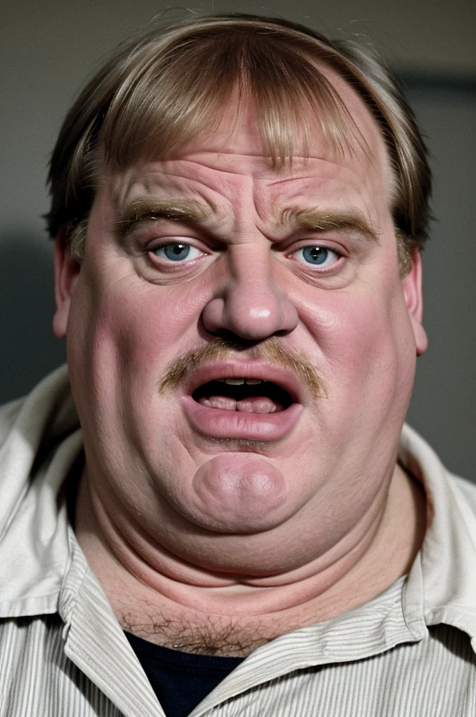 Very old looking Chris Farley at 83 years old with gray hair.