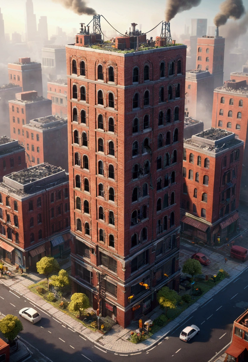 Miniature,Super Cute World, Cute animation, detailed animation, Tilt-Shift,excellent lighting,Volume Landcape,brush rendering,3D,super detailed, isometric, tactic videogame, ((Tall brick building)), ((In a polluted city)), smog, fog, cloudy illumination