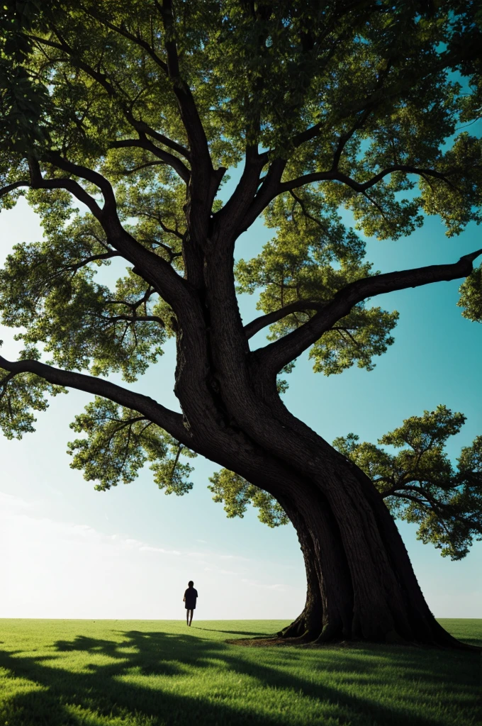 a strong tree, gigantic, with a black background behind, the tree must be green and beautiful