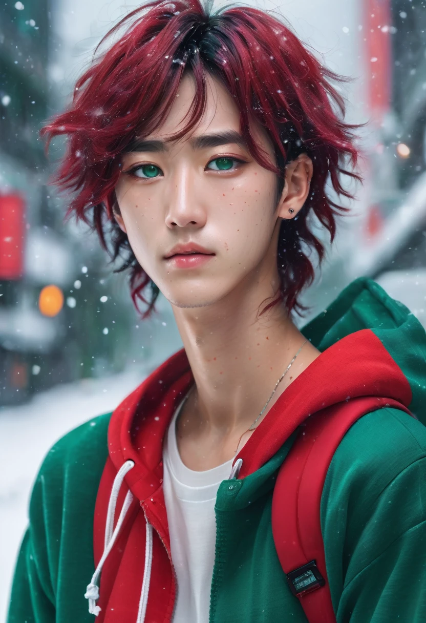 Japanese male model, face freckles, with viridian green eyes, short curly viridian green hair, wearing a loose tank top, and joggers, in a red high top sneakers,(masterpiece:1.35),(best-quality:1.4),8k,ultra-detailed,photography,(ultra-realistic:1.4), adult girl, long hair, sweater, snowing background,