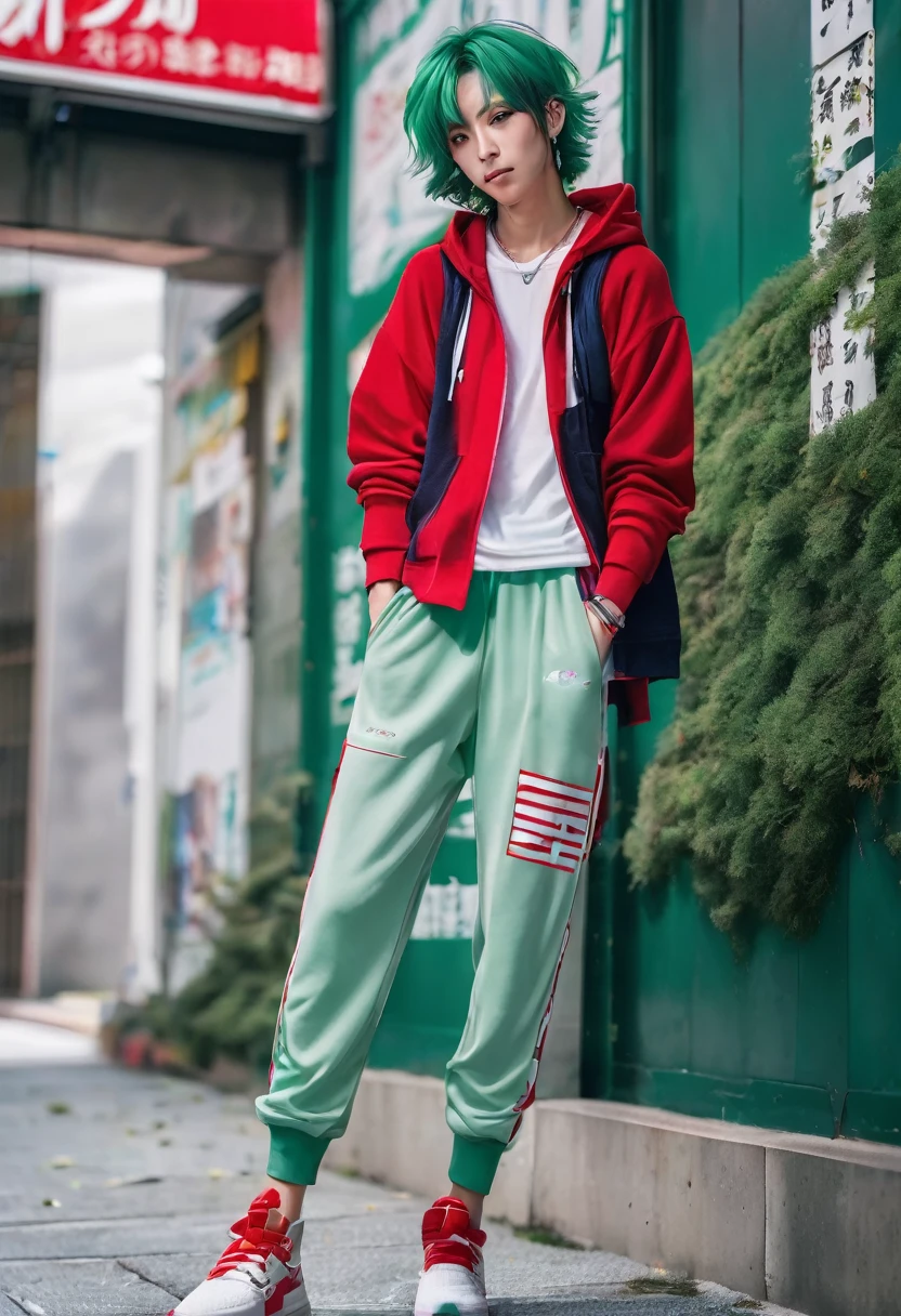  Japanese male model, face freckles, with viridian green eyes, short curly viridian green hair, wearing a loose tank top, and joggers, in a red high top sneakers,(masterpiece:1.35),(best-quality:1.4),8k,ultra-detailed,photography,(ultra-realistic:1.4), adult girl, long hair, sweater, snowing background,