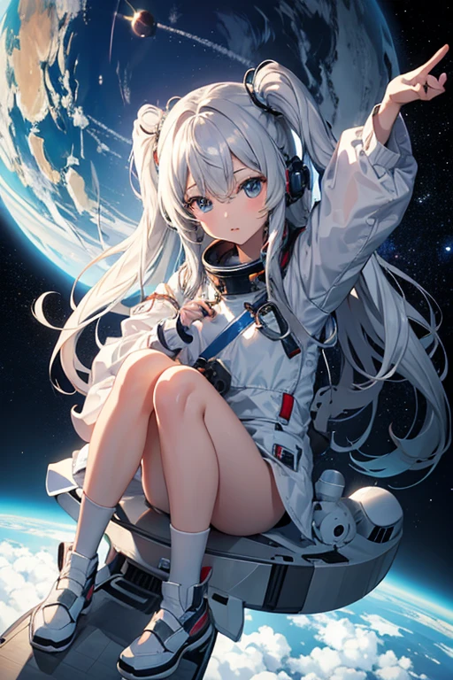 masterpiece, Highest quality, High resolution，Follow the on-screen instructions、Anime Style、Follow the prompts、One Girl、Long silver hair、、universe space、Confused、Spacewalk、Reaching out to the earth、Adrift in Space