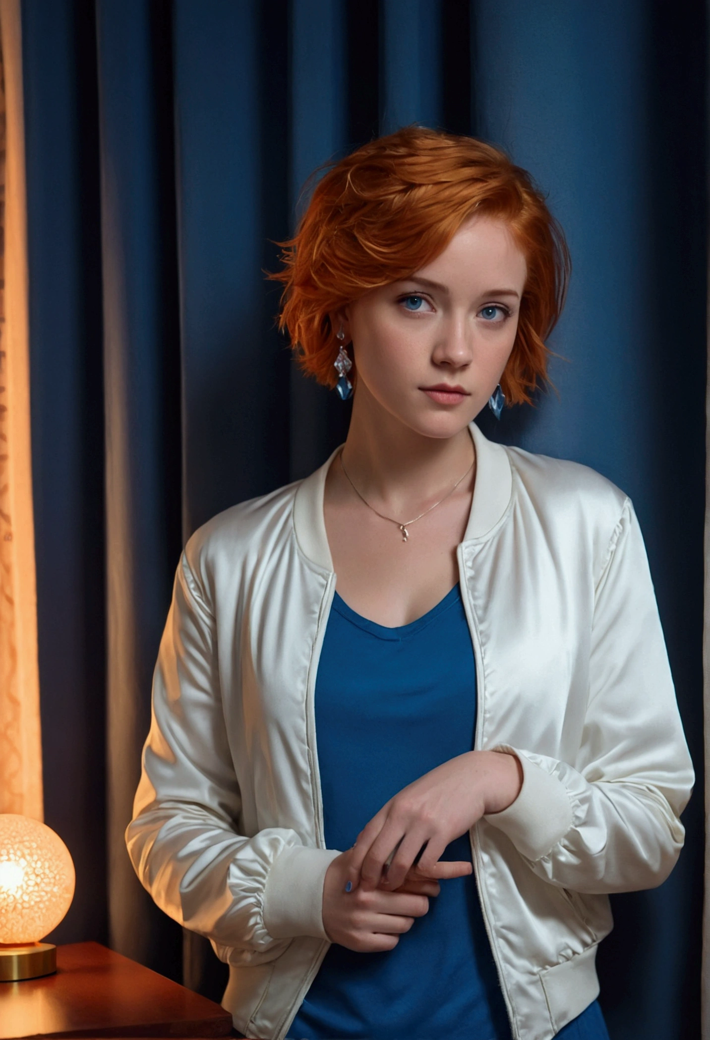 best quality, (masterpiece:1.2), illustration, absurdres, (1girl, solo), (beautiful detailed girl), ((upper body, portrait)),, Kaela MacMillan, short hair, orange hair, blue eyes, medium breasts, blue crystal earrings, white jacket, , cool, calm, looking at viewer,, inside elegant bedroom, night, window, curtain, starry sky, lamp, bookcase, nightstand, vase, desk,