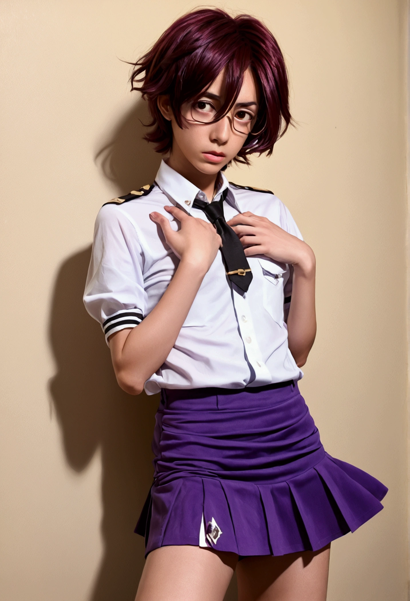 takeda hiromitsu style, NSFW,((perfect androgynous human body)),a femboy, trap, 1boy, crossdressing, Brown eyes, wavy purple hair, droopy eyes,bored look, all-body,Portrait of character,skirt rolled up,pantyrose,bulge in the groin,Portrait of character